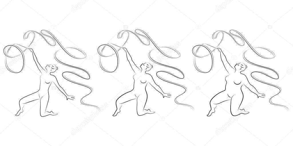 Collection. Silhouette of a cute lady, she is engaged in rhythmic gymnastics with a ribbon. The woman is overweight and slender girl athlete. Vector illustration set.