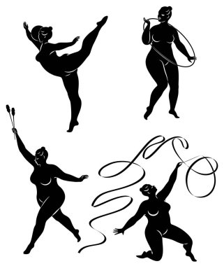 Tahsilat. Çemberli, kurdeleli, toplu, sopalı bir kızın jimnastik silueti. Kadın kilolu, iri bir vücudu var. Kız tam bir vücut. Vektör çizimleri kümesi