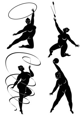 Tahsilat. Çemberli, kurdeleli, toplu, sopalı bir kızın jimnastik silueti. Kadın kilolu, iri bir vücudu var. Kız tam bir vücut. Vektör çizimleri kümesi