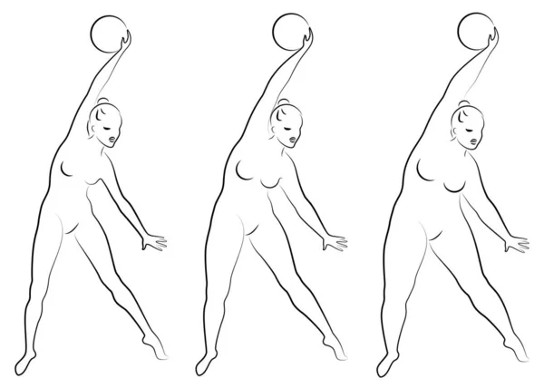Gyűjtemény. Silhouette egy aranyos hölgy, ő részt vesz a ritmikus torna egy labdát. A nő túlsúlyos és karcsú lány atléta. Vektorillusztrációs készlet — Stock Vector