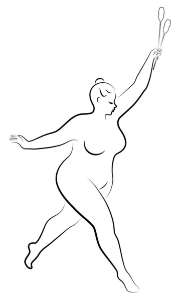 Gimnasia Silueta de una chica con mazas. La mujer tiene sobrepeso, un cuerpo grande. La chica está completamente imaginada. Ilustración vectorial — Archivo Imágenes Vectoriales