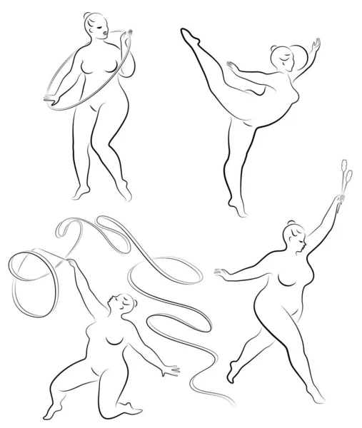 Collectie. Gymnastiek Silhouet van een meisje met een hoepel, lint, bal, clubs. De vrouw is te zwaar, een groot lichaam. Het meisje is een volwaardig figuur. Reeks vectorillustraties — Stockvector