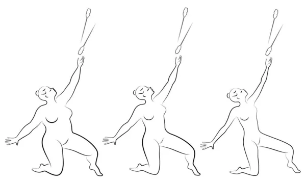 Colección. Silueta de una linda dama, hace gimnasia rítmica con palos. La mujer tiene sobrepeso. Atleta esbelta. Juego de ilustración vectorial — Archivo Imágenes Vectoriales