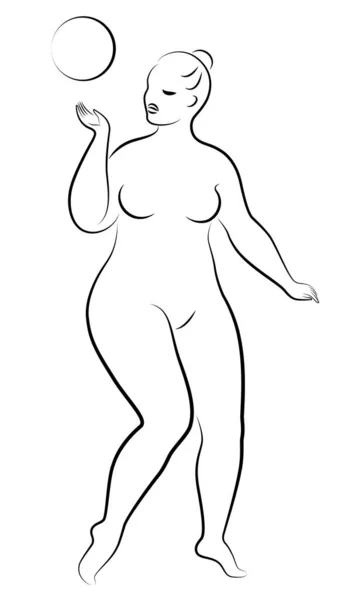 Gymnastiek Silhouet van een meisje met een bal. De vrouw is te zwaar, een groot lichaam. Het meisje is een volwaardig figuur. Vectorillustratie. — Stockvector