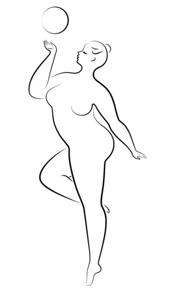 Gymnastiek Silhouet van een meisje met een bal. De vrouw is te zwaar, een groot lichaam. Het meisje is een volwaardig figuur. Vectorillustratie. — Stockvector