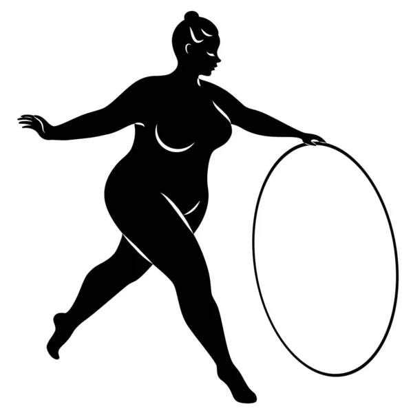 Ginnastica Silhouette di una ragazza con un cerchio. La donna è sovrappeso, un corpo grande. La ragazza è una figura completa. Illustrazione vettoriale — Vettoriale Stock