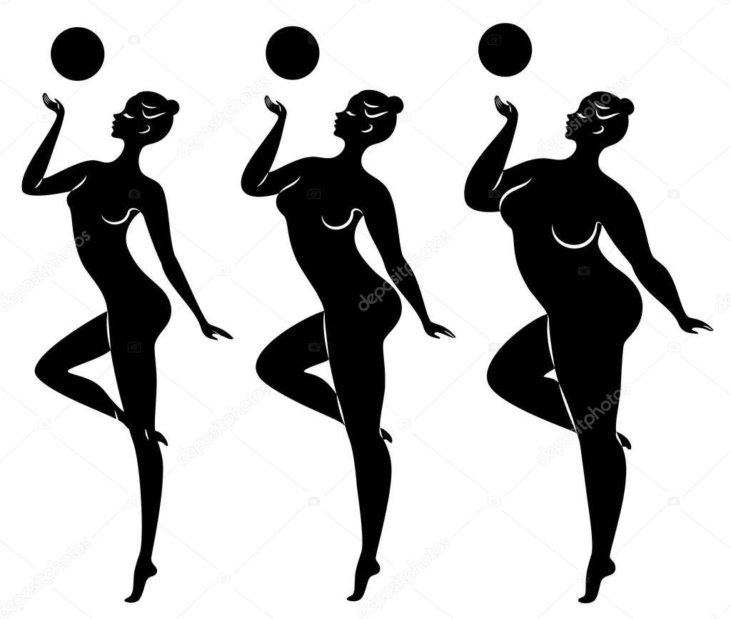 Collection. Silhouette of a cute lady, she is engaged in rhythmic gymnastics with a ball. The woman is overweight and a slender girl athlete. Vector illustration set