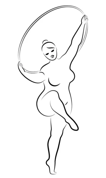 Gimnasia Silueta de una chica con aro. La mujer tiene sobrepeso, un cuerpo grande. La chica es una figura completa. Ilustración vectorial — Archivo Imágenes Vectoriales