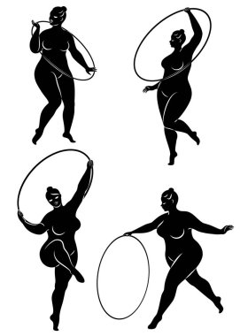 Tahsilat. Jimnastik. Halkalı bir kızın silueti. Kadın kilolu, iri bir vücudu var. Kız tam şekillendirilmiş. Vektör illüstrasyonu