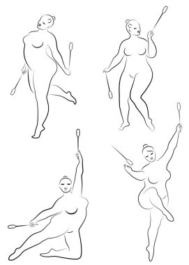 Tahsilat. Jimnastik. Kurdeleli bir kızın silueti. Kadın kilolu, iri bir vücudu var. Kız tam şekillendirilmiş. Vektör illüstrasyonu.