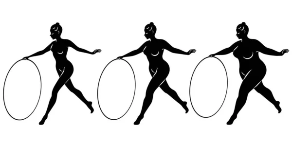 Collection. Silhouette of a cute lady, she is engaged in rhythmic gymnastics with a hoop. The woman is overweight and a slender girl athlete. Vector illustration set — Stock Vector