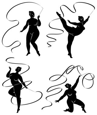 Tahsilat. Jimnastik. Kurdeleli bir kızın silueti. Kadın kilolu, iri bir vücudu var. Kız tam şekillendirilmiş. Vektör illüstrasyonu.