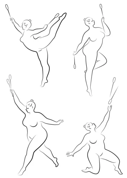 Collectie. Gymnastiek. Silhouet van een meisje met een knots. De vrouw is te zwaar, een groot lichaam. Het meisje is helemaal doordacht. Vectorillustratieset — Stockvector