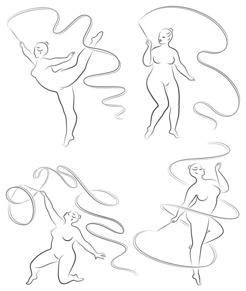 Colección. Gimnasia. La silueta de una chica con una cinta. La mujer tiene sobrepeso, un cuerpo grande. La chica está completamente imaginada. Juego de ilustración vectorial . — Archivo Imágenes Vectoriales