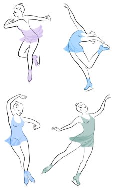 Collection. Skater skates on ice. The girl is beautiful and slender. Lady athlete, figure skater. Vector illustration of a set.