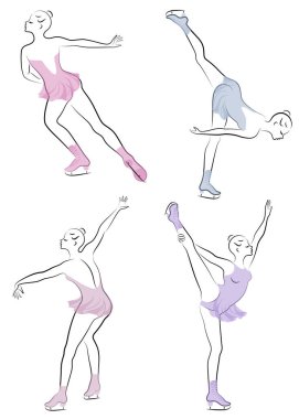 Collection. Skater skates on ice. The girl is beautiful and slender. Lady athlete, figure skater. Vector illustration of a set.