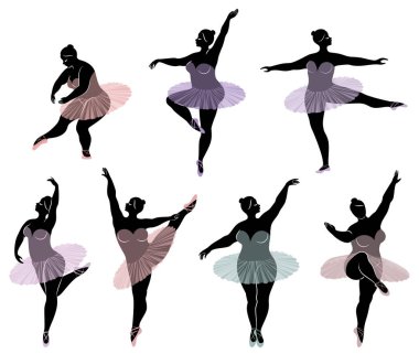 Koleksiyon. Sevimli bir bayan siluet, o bale dans ediyor. Kadın kilolu. Kız tombul ve ince. Kadın balerin, jimnastikçi. Vektör illüstrasyon seti.