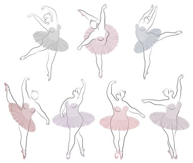 Koleksiyon. Sevimli bir bayan siluet, o bale dans ediyor. Kadın kilolu. Kız tombul ve ince. Kadın balerin, jimnastikçi. Vektör illüstrasyon seti.