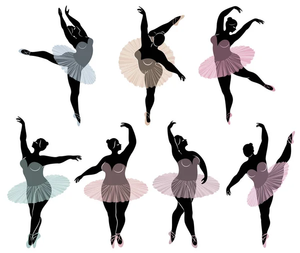 Collection Silhouette Cute Lady She Dancing Ballet Woman Overweight Girl — Stock Vector
