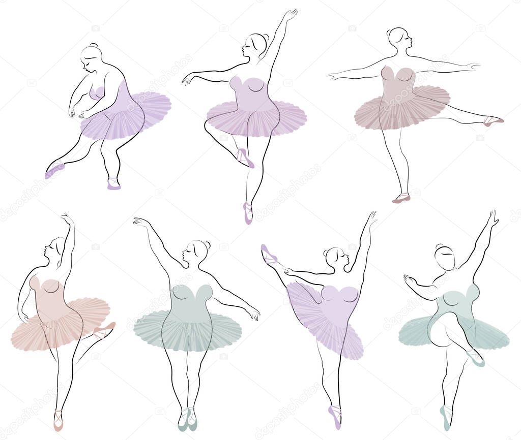 Collection. Silhouette of a cute lady, she is dancing ballet. Woman is overweight. The girl is plump and slim. Woman is ballerina, gymnast. Vector illustration set.