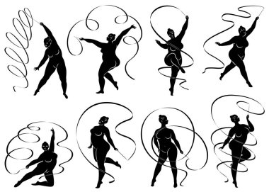 Tahsilat. Jimnastik. Kurdeleli bir kızın silueti. Kadın kilolu, iri bir vücudu var. Kız tam şekillendirilmiş. Vektör illüstrasyonu.