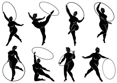 Tahsilat. Jimnastik. Halkalı bir kızın silueti. Kadın kilolu, iri bir vücudu var. Kız tam şekillendirilmiş. Vektör illüstrasyonu