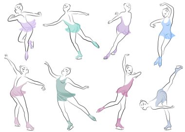 Collection. Skater skates on ice. The girl is beautiful and slender. Lady athlete, figure skater. Vector illustration of a set.