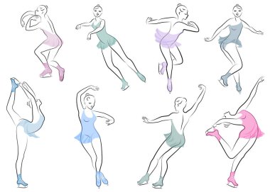 Collection. Skater skates on ice. The girl is beautiful and slender. Lady athlete, figure skater. Vector illustration of a set.