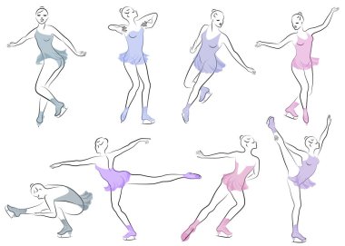 Collection. Skater skates on ice. The girl is beautiful and slender. Lady athlete, figure skater. Vector illustration of a set.