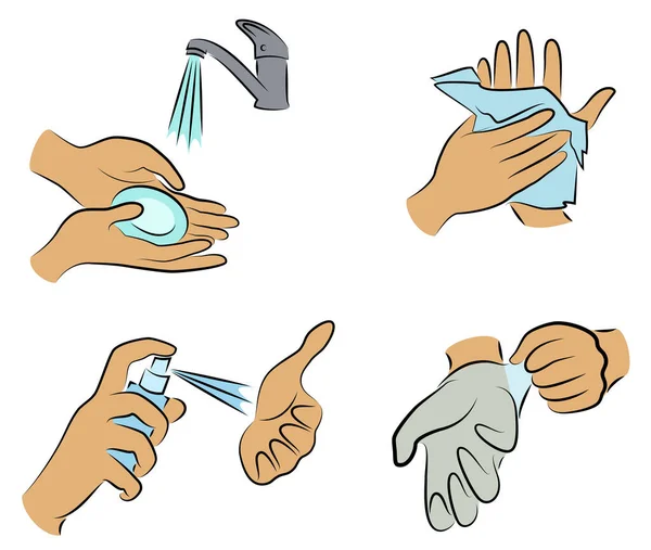 Collection of hygiene procedures. Wash your hands with soap under the tap, wipe with a napkin, treat with an antiseptic, wear rubber gloves. Vector illustration of a set — Stock Vector