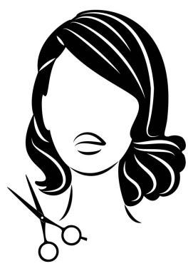 Tatlı bir bayanın silueti. Kız orta boylu, uzun saçlı ve makaslı bir saç stili gösteriyor. Logo için uygun, kuaför reklamı. Vektör illüstrasyonu.