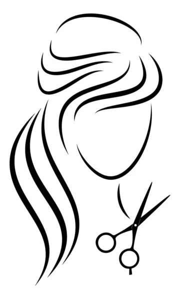 Silhueta de uma senhora gira. A menina mostra um penteado em cabelo médio e longo e tesoura. Adequado para logotipo, publicidade cabeleireiro. Ilustração vetorial . — Vetor de Stock
