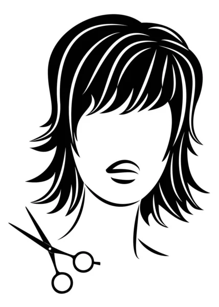 Silhouette of a cute lady. The girl shows a hairstyle on medium and long hair and scissors. Suitable for logo, hairdresser advertising. Vector illustration. — Stock Vector
