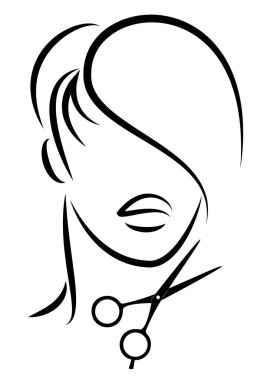 Tatlı bir bayanın silueti. Kız orta ve kısa saç ve makas üzerinde bir saç stili gösteriyor. Logo için uygun, kuaför reklamı. Vektör illüstrasyonu.