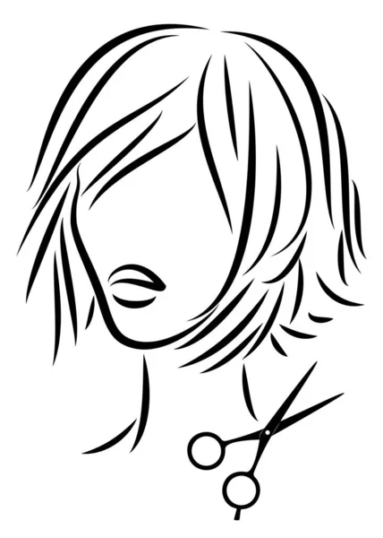 여자의 실루엣 소녀는 미디엄 과짧은 머리와 가위에 스타일을 로고에 드레서 — 스톡 벡터