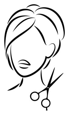 Tatlı bir bayanın silueti. Kız orta ve kısa saç ve makas üzerinde bir saç stili gösteriyor. Logo için uygun, kuaför reklamı. Vektör illüstrasyonu.