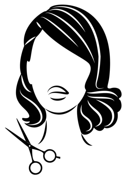 La silueta de una linda dama. La muchacha muestra el peinado sobre los cabellos medianos y largos y las tijeras. Adecuado para logotipo, publicidad de peluquería. Ilustración vectorial — Vector de stock
