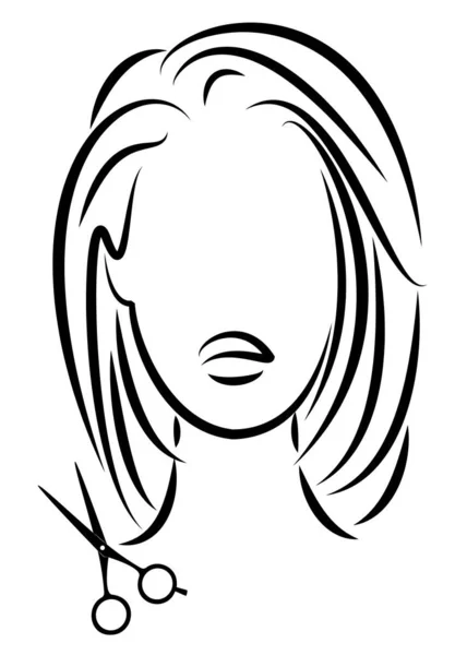 La silhouette di una signora carina. La ragazza mostra un'acconciatura su capelli medi e lunghi e forbici. Adatto per logo, pubblicità parrucchiere. Illustrazione vettoriale — Vettoriale Stock