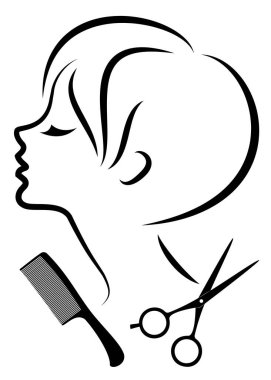 Tatlı bir bayanın silueti. Kız orta boylu, uzun saçlı ve makaslı bir saç stili gösteriyor. Logo için uygun, kuaför reklamı. Vektör illüstrasyonu.