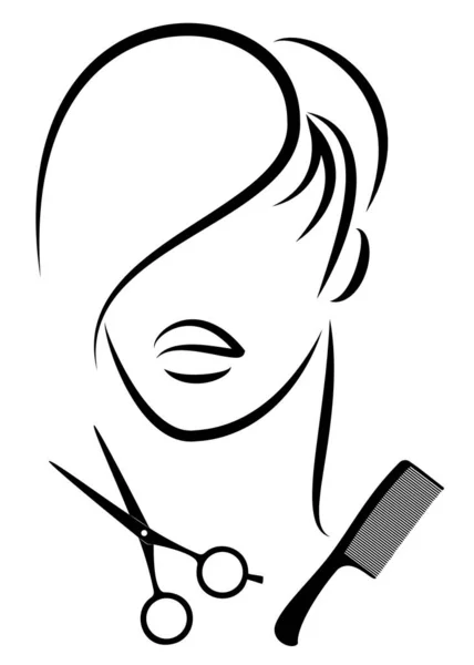 La silueta de una linda dama. La muchacha muestra el peinado sobre los cabellos medianos y largos y las tijeras. Adecuado para logotipo, publicidad de peluquería. Ilustración vectorial — Vector de stock