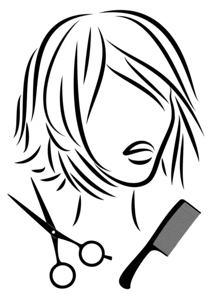 La silueta de una linda dama. La muchacha muestra el peinado sobre los cabellos medianos y largos y las tijeras. Adecuado para logotipo, publicidad de peluquería. Ilustración vectorial — Archivo Imágenes Vectoriales