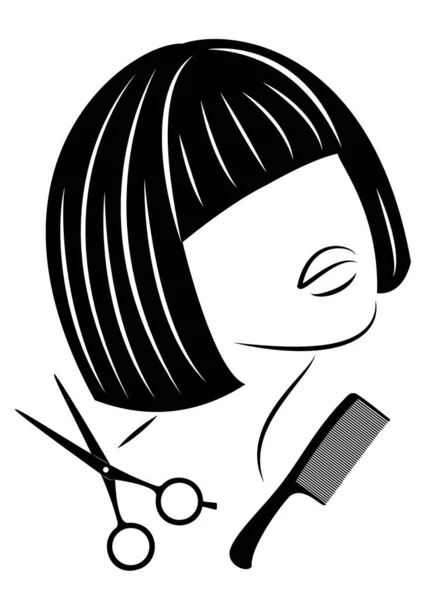 La silueta de una linda dama. La muchacha muestra el peinado sobre los cabellos medianos y largos y las tijeras. Adecuado para logotipo, publicidad de peluquería. Ilustración vectorial — Archivo Imágenes Vectoriales