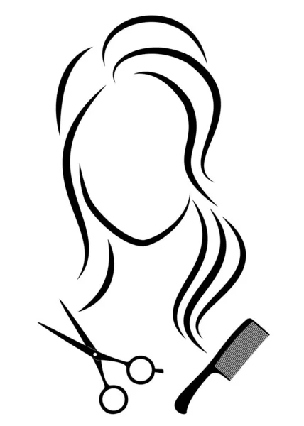 La silueta de una linda dama. La muchacha muestra el peinado sobre los cabellos medianos y largos y las tijeras. Adecuado para logotipo, publicidad de peluquería. Ilustración vectorial . — Archivo Imágenes Vectoriales