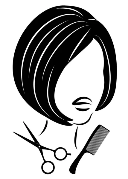 Silueta roztomilé dámy. Dívka ukazuje účes na střední a dlouhé vlasy a nůžky. Vhodné pro logo, reklamu na kadeřnictví. Vektorová ilustrace. — Stockový vektor