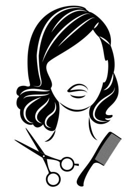 Tatlı bir bayanın silueti. Kız orta boylu, uzun saçlı ve makaslı bir saç stili gösteriyor. Logo için uygun, kuaför reklamı. Vektör illüstrasyonu.