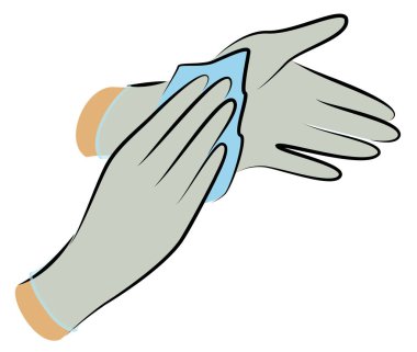 Steril eldiven giy. Antiseptik bezle sil. Hijyenik prosedür. Hastalıkların önlenmesi, sağlığa iyi gelir. Vektör illüstrasyonu.