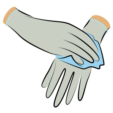 Steril eldiven giy. Antiseptik bezle sil. Hijyenik prosedür. Hastalıkların önlenmesi, sağlığa iyi gelir. Vektör illüstrasyonu.