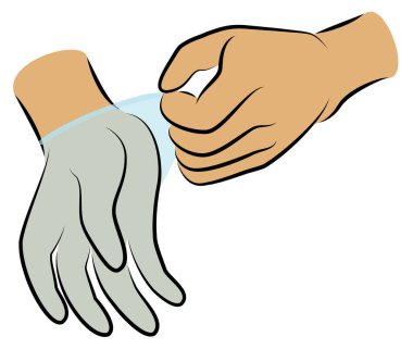 Ellerine lastik eldiven tak. Hijyenik prosedür. Hastalıkların önlenmesi, sağlığa iyi gelir. Vektör illüstrasyonu.