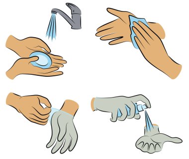 Hijyen prosedürleri koleksiyonu. Ellerini musluğun altında sabunla yıka, peçeteyle sil, antiseptikle tedavi et, lastik eldiven tak. Bir kümenin vektör illüstrasyonu.