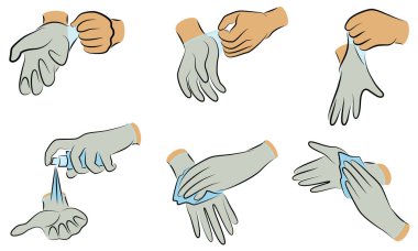 Hijyen prosedürleri koleksiyonu. Ellerini musluğun altında sabunla yıka, peçeteyle sil, antiseptikle tedavi et, lastik eldiven tak. Bir kümenin vektör illüstrasyonu.